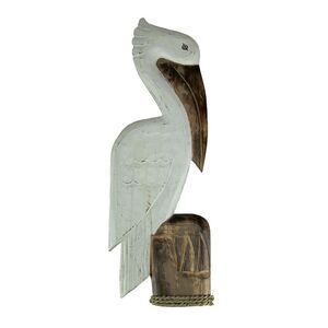 White Wood Coastal Pelican Perched On Nautical Piling Wall Sculpture 24 inch